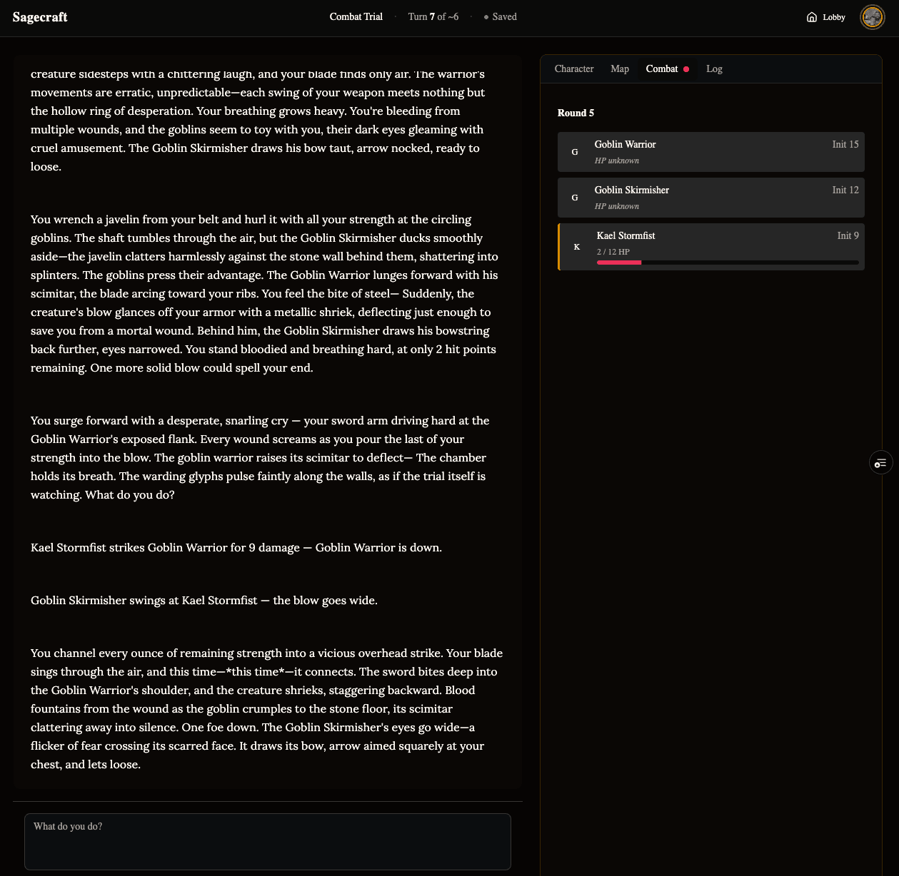 The Sagecraft play screen mid-combat, with the roll log open beside the narration.